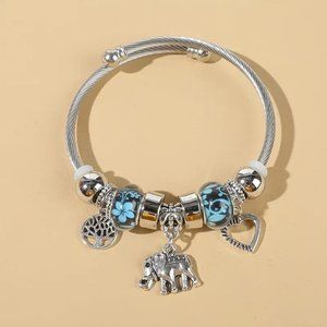 Elegant 925 Sterling Silver Tree Of Life Elephant Open Bracelet Bangle Cuff